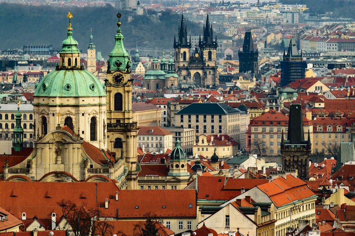 The spires and red rooftops of Prague's Old Town