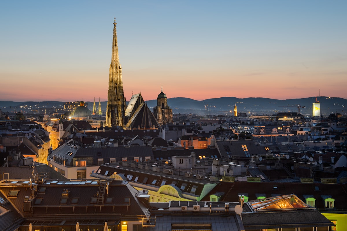 Vienna's St. Stephen's Cathedral rising over rooftops at dusk