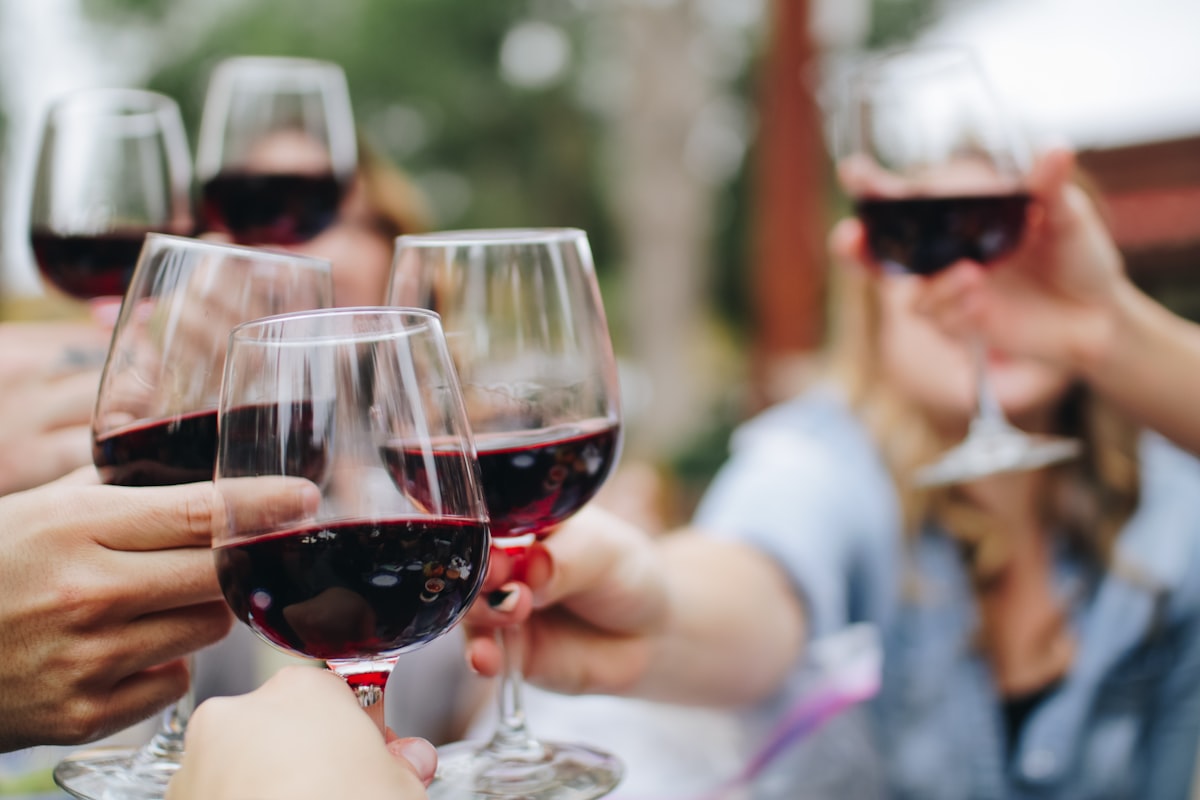 Friends raising glasses of red wine outdoors in the vineyards